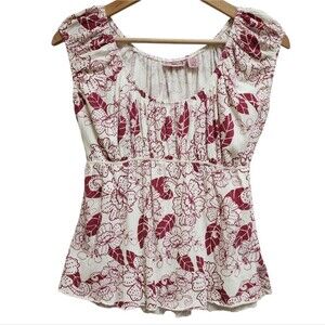 Duck Head Babydoll Top Women L Red Cream Floral Sleeveless Stretch Tie Back Y2K
